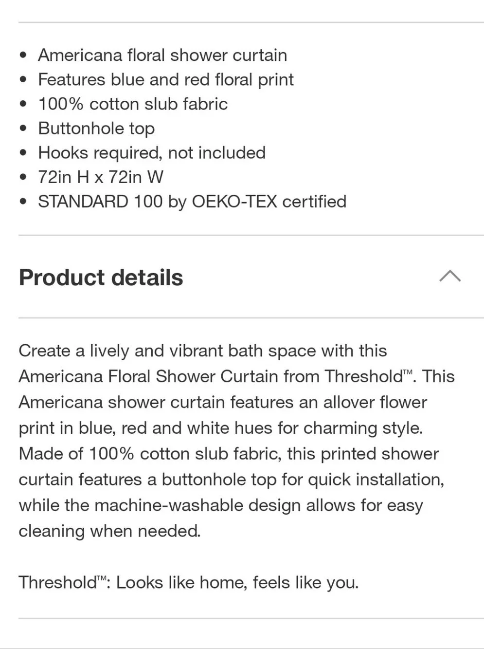 Threshold NWT Floral Block Print Cotton Shower Curtain In Americana 72